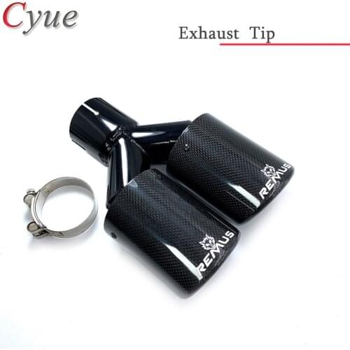1 Pcs of Y-shaped Glossy Black Carbon Fiber Exhaust Tip With Remus Logo Exhaust System Muffler Pipe Car Accessories