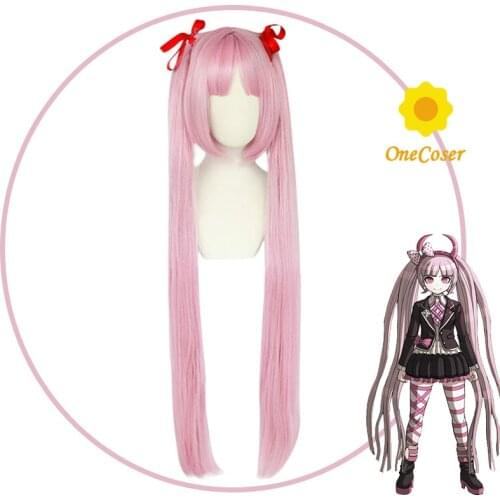 Anime Danganronpa Utsugi Kotoko Cosplay Pink Long Wig with Red Ribbon Hair Heat Resistant Synthetic+Free Wig Cap Party Role Play