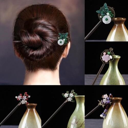 Flower Hair Forks Retro Long Tassels Hairpins Clips Wooden Hair Sticks Bead Step Shake Chinese Wedding Bride Hair Sticks