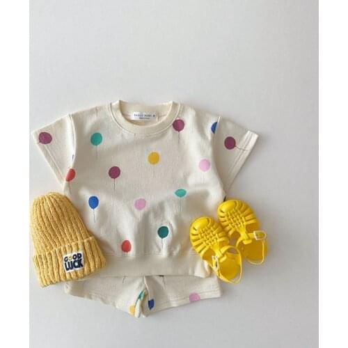 Childrens Summer Clothing Small Fresh Balloon Print Short-sleeved Boys And Girls Childrens Top +Shorts Two-piece Fashion Suit