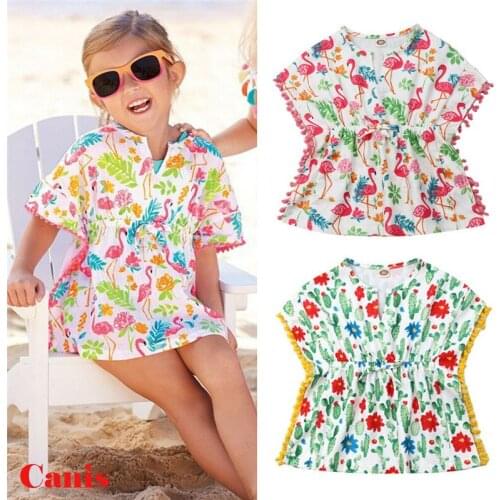 Kids Baby Girl Dress Summer 2019 Cute Beach Dress Flowers Flamingon Print Batwing Sleeve Mini Dress Child Girl Cotton Dress 0-5Y