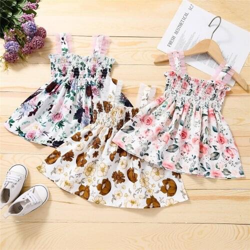 1-5T Baby Girl Kids Summer Sleeveless Floral Print Spaghetti Strap Dress Cute Elastic High Waist Dress With Lace Trim Ruffles