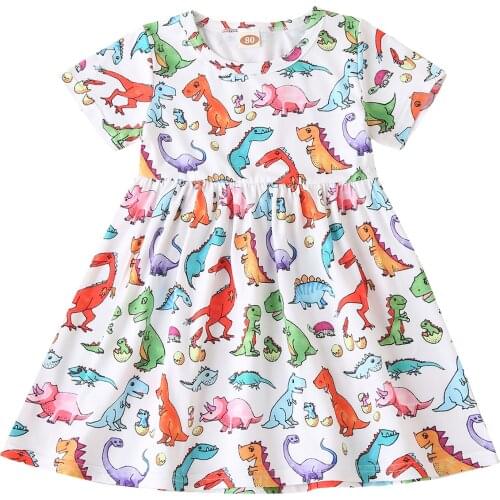 Infant Baby Short Sleeve Dress with Cartoon Dinosaur Print, Elastic Waist A-version Summer Clothing