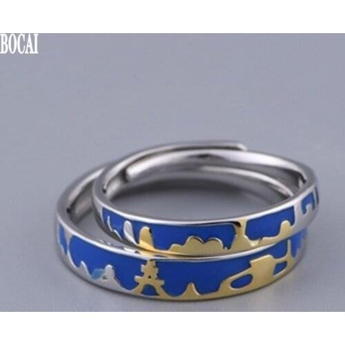 2020 new real S925 pure silver vintage Thai silver ring couple ring dripping oil gold-plated adjustable index finger ring
