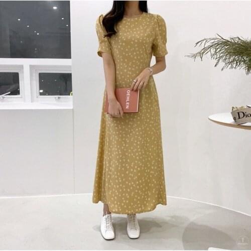 Sweet Short Sleeve Dress Korea Chic Women Summer Dress Cotton Floral Loose Thin O-Neck Casual High Waist Dress Vestido 14024