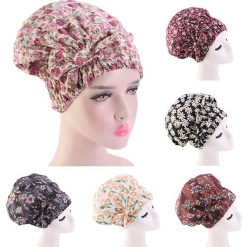 Muslim Women Floral Print Sleep Cap Nightcap Wide Stretch Elastic Hair Care Headwear Wrap Muslim Bonnet Turban Beanies New
