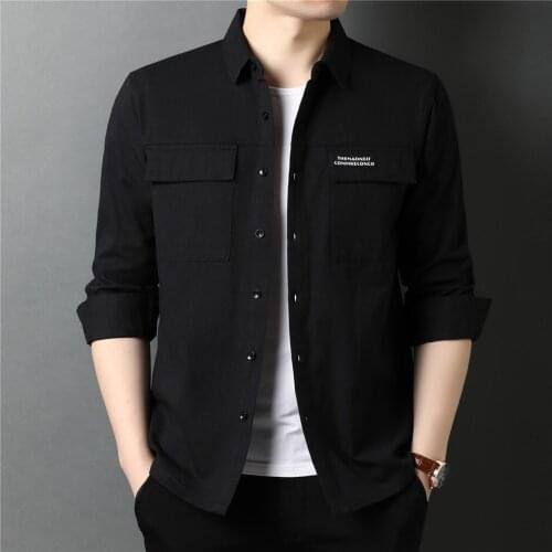 Mens Fashion Shirt 100% Cotton Big Pocket High Quality Loose Solid Color Jacket 2021 Spring And Autumn Streetwear 4 Colors 3XL
