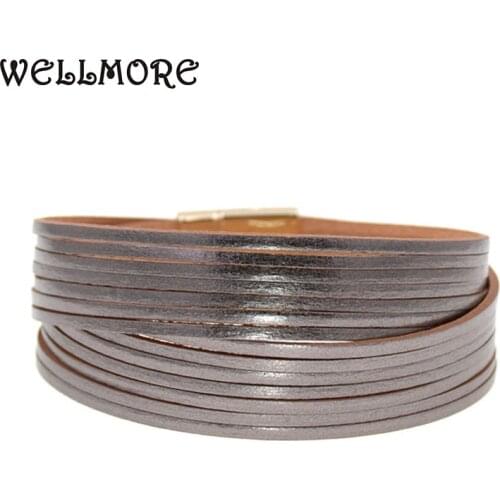 WELLMORE 12 Colors Fashion gold charm Leather Bracelets For Women Mens wrap Bracelets Couples fashion Jewelry wholesale