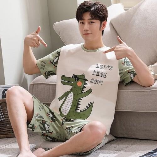 Men Pajamas Set Summer Short-sleeves O-neck Sleepwear Funny Dinosaur Cartoon Print Knit Cotton Sleepwear Plus Size Men Nightwear