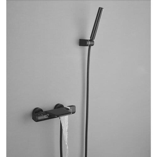 Shower Faucet Set Black Waterfall Thermostatic Bathroom Wall Mounted Bathtub Faucet Set Brass Crane Brush Gold