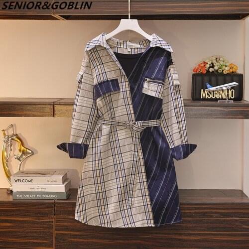 New Korean Autumn Elegant Plaid Dresses Women Plus Size Shirt Fake Two Piece Patchwork Long Sleeve Loose Shirt Dress With Belt