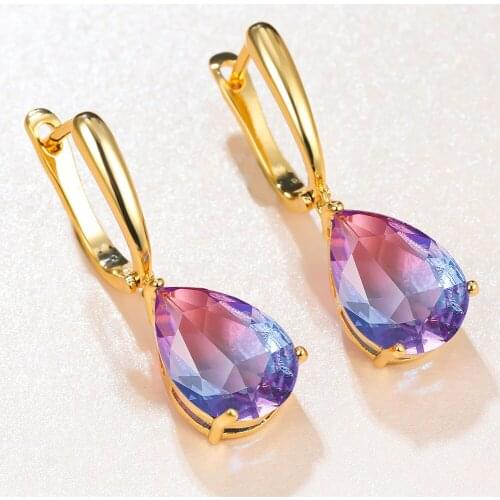 New Gradient Water Drop Tourmaline Stone Dangle Earrings for Women Gold Crystal Drop Earrings Ear Buckle Wedding Jewelry Gifts