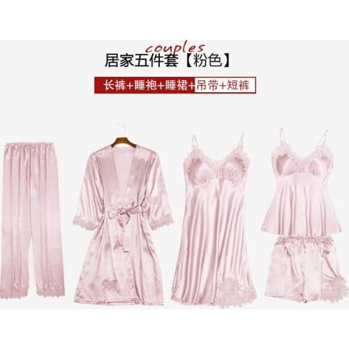 Sexy Women Pajamas 5 Pieces Sets Satin Sleepwear Pijama Silk Home Wear Embroidery Sleep Lounge Pyjama with Chest Pads
