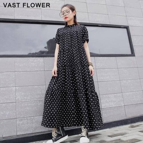 2021 Summer Polka Dot Black Vintage Pleated Dress Women Clothes Fashion New Short Sleeve Stand Loose Casual Elegant Dresses