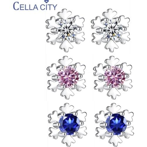 Cellacity 925 sterling silver stud earring flower shape with round zircon gemstones real silver female fine jewelry gift