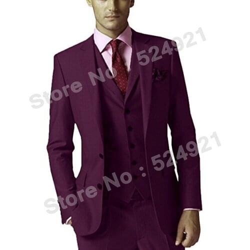 Plum Groomsmen Two Buttons Groom Tuxedos Notch Lapel Men Suits Wedding Best Man Blazer ( Jacket+Pants+Vest+Tie ) C461