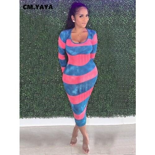 CM.YAYA Women Colorful Striped Ribbed O-Neck Long Sleeve Bodycon Pencil Midi Knit Dresss for sexy club party