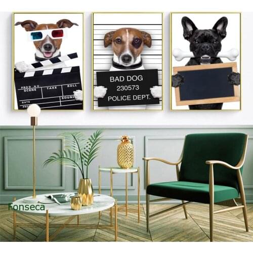 Modern Cartoon Animal Poster and Print Funny Police Dog Canvas Painting Wall Pictures for Pet Store Kids Nursery Room Decor