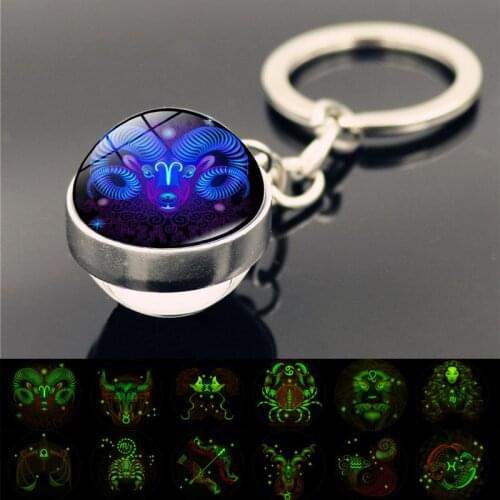 12 Constellation Luminous Keychain Glass Ball Pendant Zodiac Keychains Glow In The Dark Key Chain Holder Men Women Birthday Gift