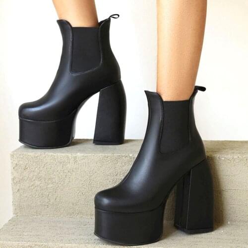 GIGIFOX Brand Design Big Size 46 High Heels Slip On Cool Gothic Black Platform Shoes Women Ankle Chunky Boots