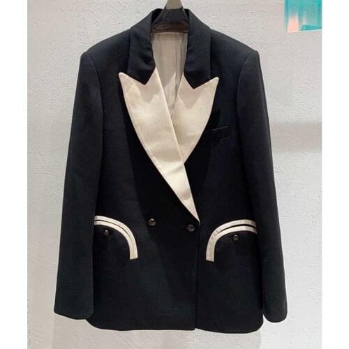 Womens Designer Suit 2021 Black White Contrast Jackets Turn Down Collar Double Breasted Vintage Wool Gothic Blazers