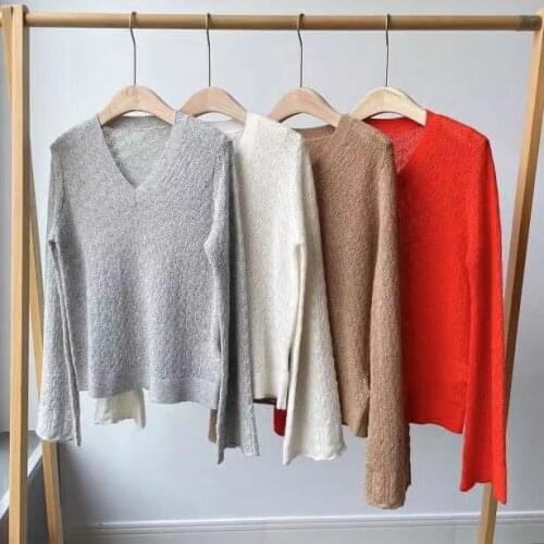 Runway Fashion Women Pullover Sweater 2021 High Quality Autumn V-Neck Flare Sleeve Jacquard Knitted Cashmere Solid Sweater