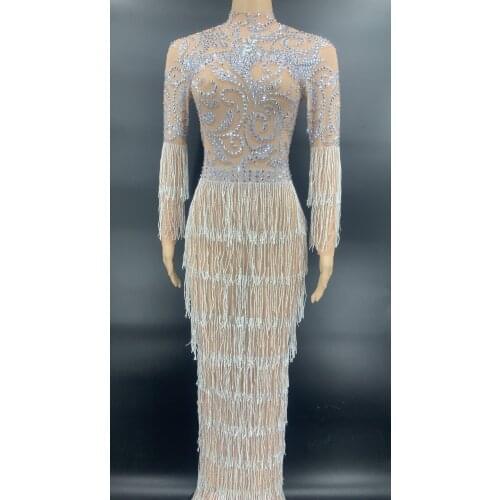 Sparkly Silver Rhinestone Chains Transparent Long Dress Women Birthday Celebrate Sexy Tassels Dress Evening Prom Party Outfit