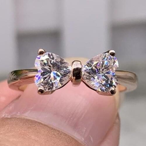 18K Au750 Yellow Gold Women Wedding Party Engagement Ring 2 PCS 2 Carat Each 1 ct Heart Bowknot Moissanite Diamond Ring Trendy