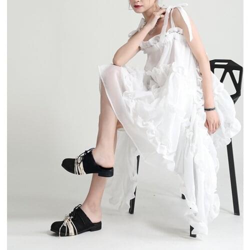 Johnature Fashion Streetwear Spaghetti Strap Cake Dress 2021 Summer New Irregular Women Loose Slash Neck Ruffles Dresses