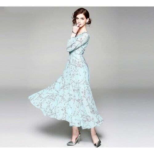 2020 Spring & Summer Casual A-Line O-Neck Long Sleeve Printed Fashion Elegant Ankle-Length Dress Women Long Dress Chiffon Dress