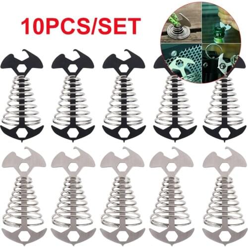 10PCS Deck Anchor Pegs Fishbone Tent Stakes with Spring Buckle Tent Nail Rope Buckle Board Pegs Bottle Can Opener Screwdriver