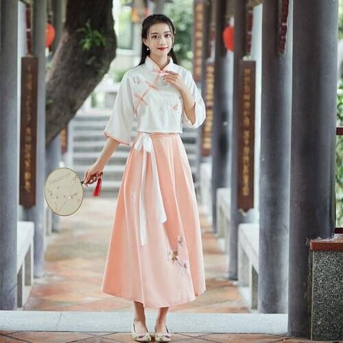 2020 New Chinese Style Traditioanl Hanfu Dance Stage Costume Dresses Fairy Elegant Embroidery Butterfly Flower Skirt+Tops Sets