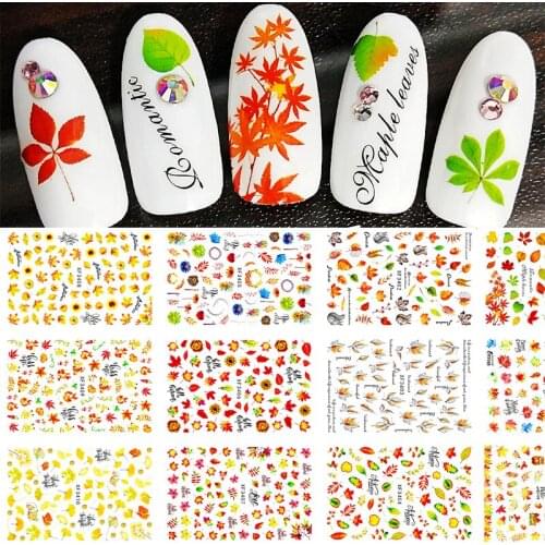 12 Sheets Maple Leaves 3D Nail Stickers Yellow Gold Leaves Flower Pattern Decals Slider Atummn Theme DIY Nail Art Decoration1Set