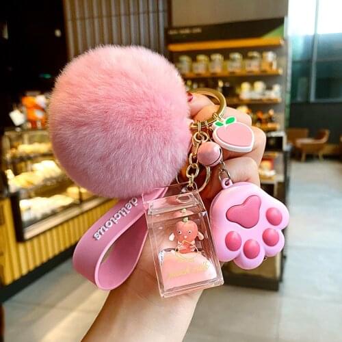 Key Chain Accessories Cute Crystal Milk Bottle Keychain Hairy Ball Flowing Liquid Keychain Computer Nail Clipper Keychain Charms