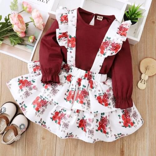 Winter Fall Newborn Baby Girls Lounge Set Childrens Long Sleeve Floral Bodysuit Top Knee-leng Skirt Kid Clothes Set 12 18 Month