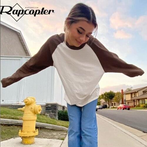 Rapcopter Y2K Patchwork T Shirt Loose Casual Pullovers Long Sleeve O Neck Harajuku Basic Tee Women Autumn Winter Tshirt Vintage