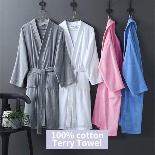 Women 100% Cotton Thick Terry Bathrobe Water Sucking LightWeight Waffle Towel Bath Robe Plus Dressing Gown Kimono Men Sleepwear