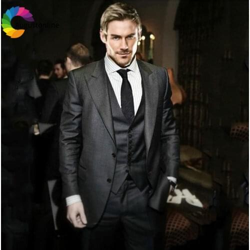 Italian Grey Men Suits Wedding Suits for Man Blazer Suit Peaked Lapel 3Piece Jacket Pants Vest Slim Fit Groomsmen Groom Tuxedos