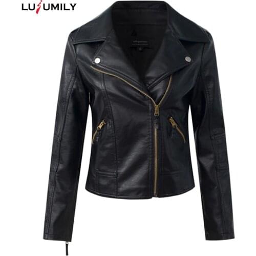 Lusumily Faux Leather Jacket Women Soft PU Leather Biker Coat 4XL Short Design Slim Black Jackets Lady Turn-down Collar Outerwea