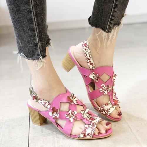 Larged-Sized 43 New Arrivals 2021 Summer Womens Pu Leather Sandals High Heeled 6CM Platform Flower Sandalis Ladies Buckle Shoes
