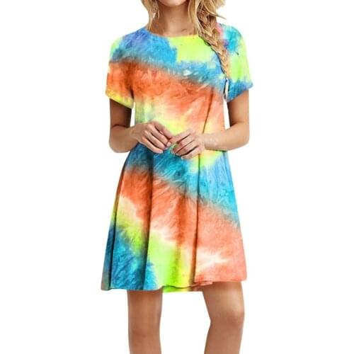 Summer Print Casual Dress Women Rainbow Printing Dress Short Sleeve Mini Dresses