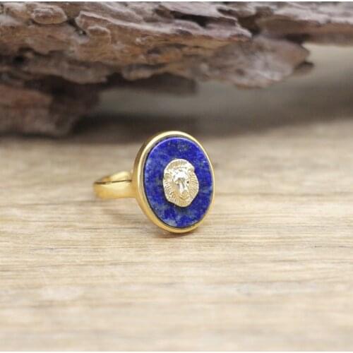 Fashion Natural Stone Lions Ring Oval Gems Lapis Amazonite Labradorite Rose Quartzs Resizable Ring Women Summer Jewelry,QC4060