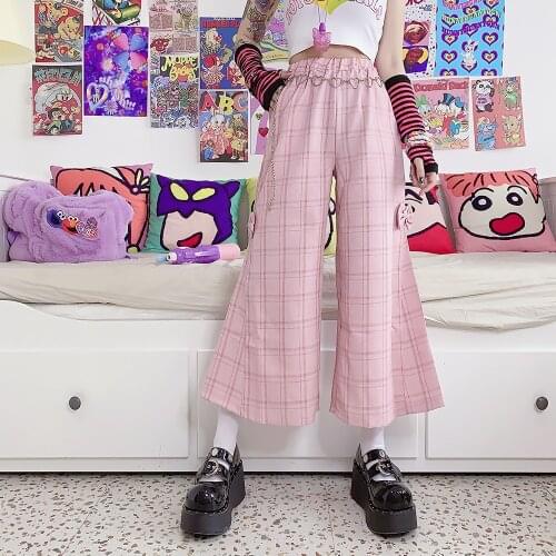 Japanese original Sufeng bow sweet soft girl Plaid cute Laurie wide leg high waist flare pants trousers pant women