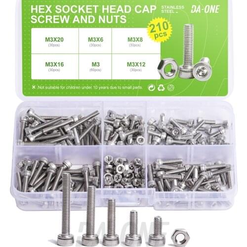DA-ONE 210pcs M3 Stainless Steel High Quality Allen Bolt Hex Socket Round Cap Head Screw And Hex Nut Set Kit