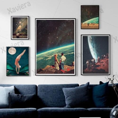 Couple Dream Canvas Painting Under Night Sky Surrealism Galaxy Space Moon Wall Art Picture Poster Prints Home Decoration Bedroom