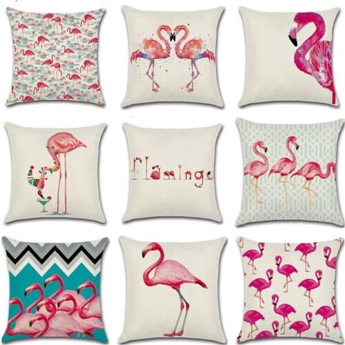 None Comfortable Pink Flamingo Printing Linen Pillow Cover for Home