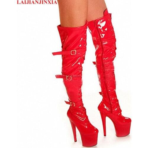 New 20cm high-heeled shoes platform front buckle strap tall boots round toe boots ladies' 6 inch womens boots Sexy Dance Shoes