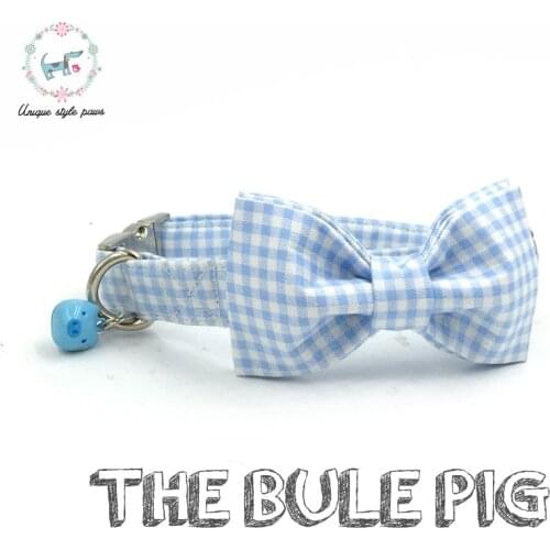 Blue Plaid Dog Collar with Blue Pig Bell and Bow Cotton Dog&Cat Necklace Adjustable Dog Collars and Dog Leash Pet Supply