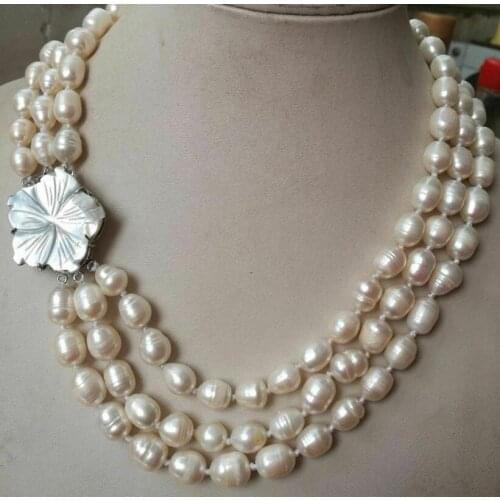 Jewelry Fashion 3 Rows 7-9MM Natural White Pearl Necklace 18-20"