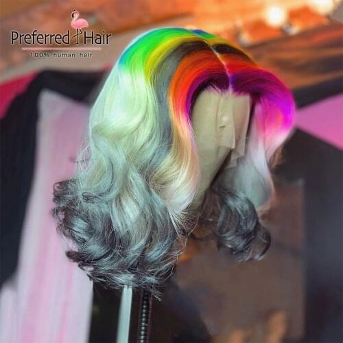 Preferred Rainbow Color Short Human Hair Wigs Purple Red Green Highlight Wig Brazilian Remy Transparent Lace Bob Wig For Women